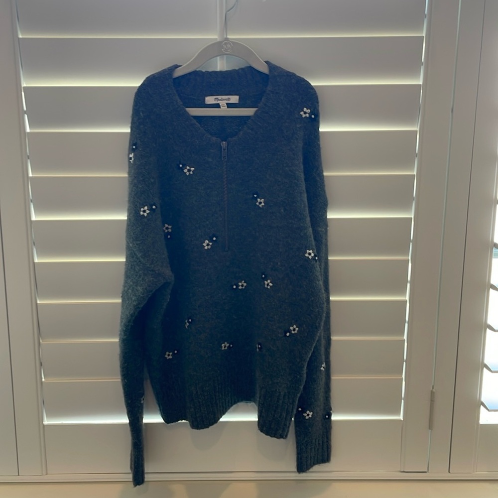 Madewell green wool quarter zip sweater with stitched flowers